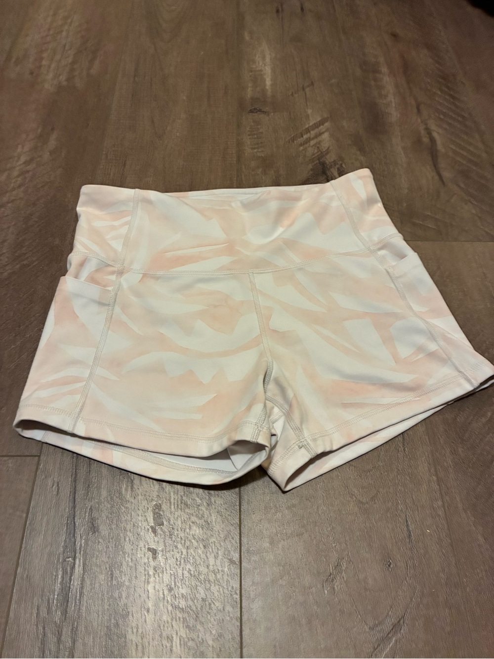 Athleta Pale Pink Marble Pattern High-Rise Workout Shorts